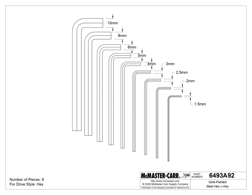 Technical Drawing of Gold-Painted Alloy Steel Hex L-Key, 9-Piece Set, Long Length, Metric Sizes.